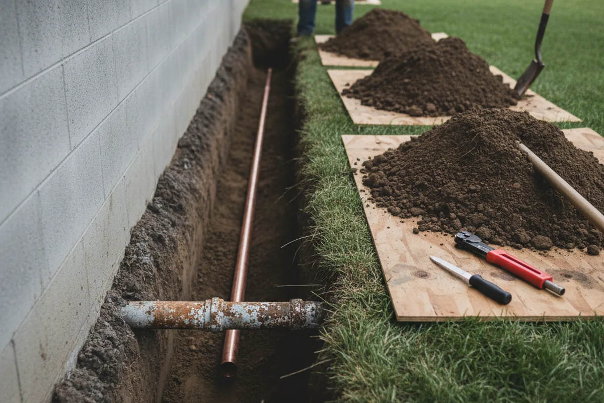 Excavated water line trench during Sewer Line Repair in Stafford